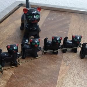 Vintage 1940s Black Cat with 6 kittens on chain